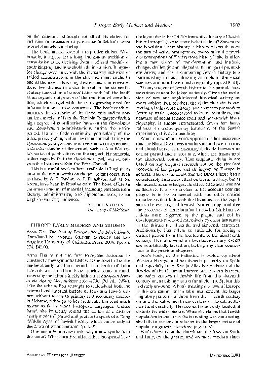 First page of “David B. Ruderman, “Review of ‘The Jews of Europe After the Black Death’, by Anna Foa,” American Historical Review, vol. 106, no. 5 (December 2001): 1863-1864”