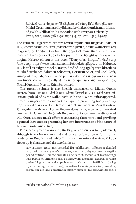 First page of “David B. Ruderman, “Review of ‘Rabbi, Mystic, or Impostor? The Eighteenth-Century Ba’al Shem of London’, by Michal Oron,” Jewish Historical Studies, vol. 52, no. 1 (2021): 315-319”