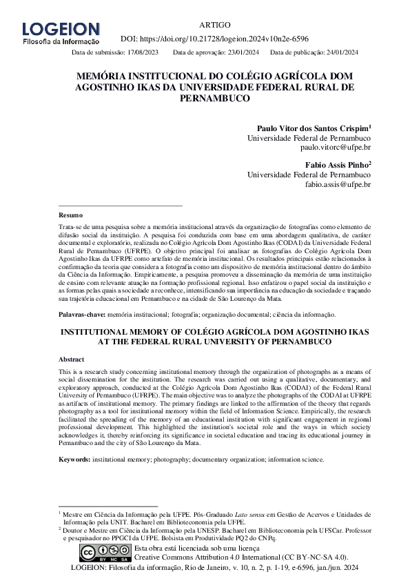 First page of “MEMÓRIA INSTITUCIONAL DO COLÉGIO AGRÍCOLA DOM AGOSTINHO IKAS DA UNIVERSIDADE FEDERAL RURAL DE PERNAMBUCO”