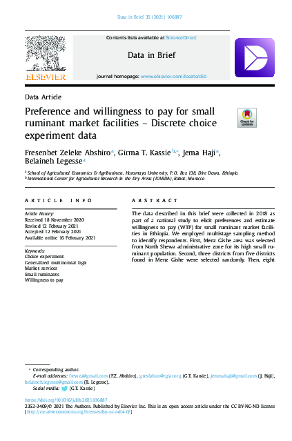 First page of “Preference and willingness to pay for small ruminant market facilities – Discrete choice experiment data”