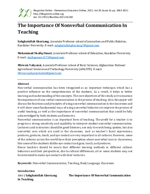 First page of “The Importance Of Nonverbal Communication In Teaching”