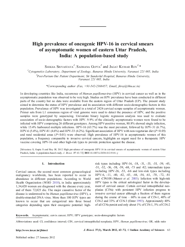 First page of “High prevalence of oncogenic HPV-16 in cervical smears of asymptomatic women of eastern Uttar Pradesh, India: A population-based study”