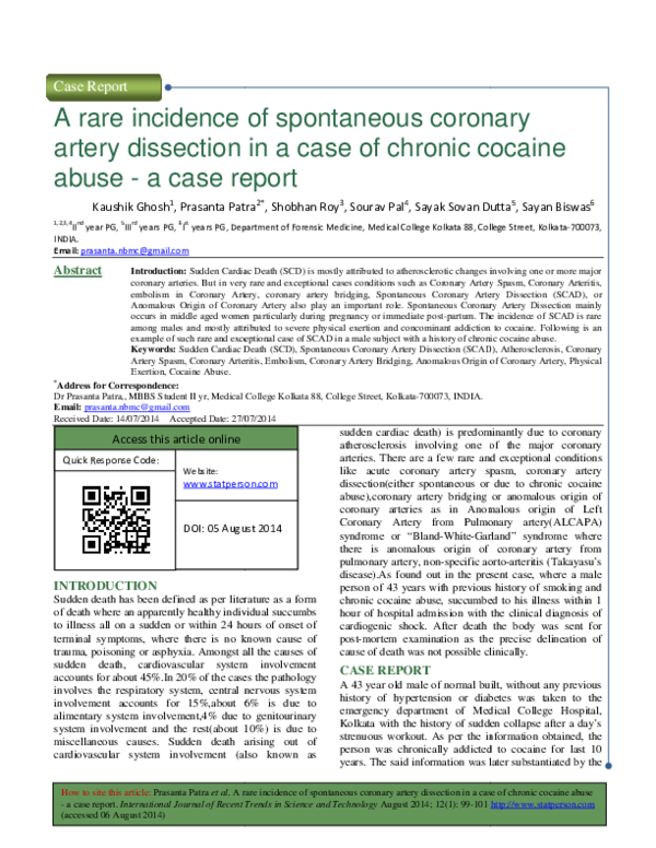 First page of “A rare incidence of spontaneous coronary artery dissection in a case of chronic cocaine abuse - a case report”