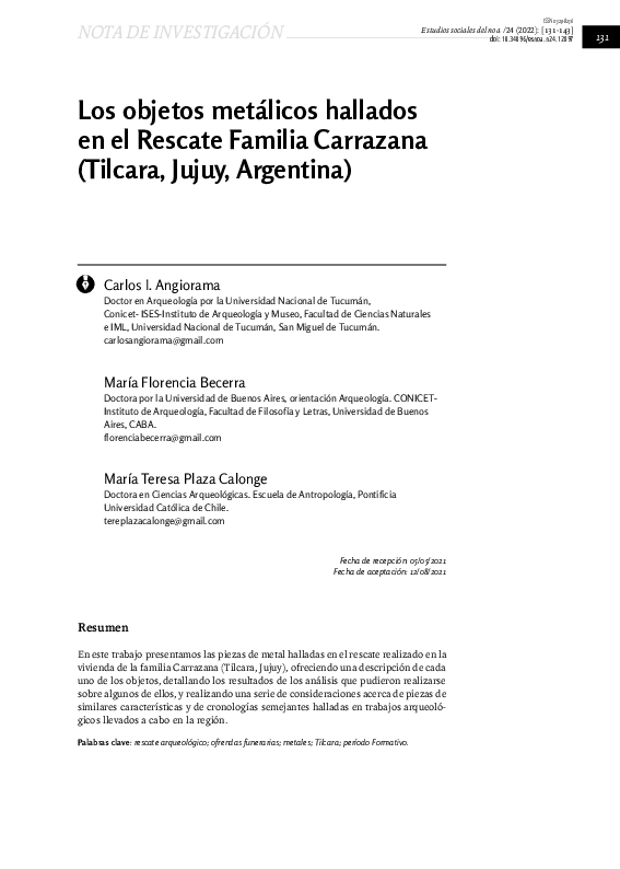 First page of “Los objetos metálicos hallados en el Rescate Familia Carrazana (Tilcara, Jujuy, Argentina)”