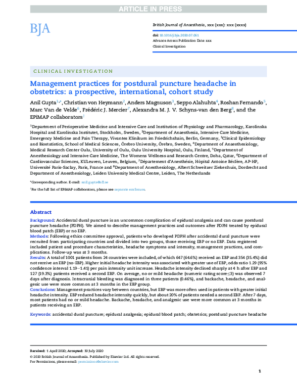 First page of “Management practices for postdural puncture headache in obstetrics: a prospective, international, cohort study”