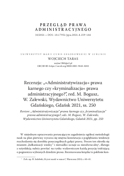 First page of “Review: „Administratywizacja” prawa karnego czy „kryminalizacja” prawa administracyjnego?, eds. M. Bogusz, W. Zalewski, Wydawnictwo Uniwersytetu Gdańskiego, Gdańsk 2021, pp. 250”