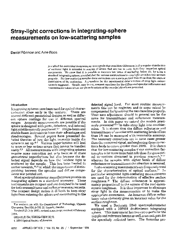 First page of “Stray-light corrections in integrating-sphere measurements on low-scattering samples”