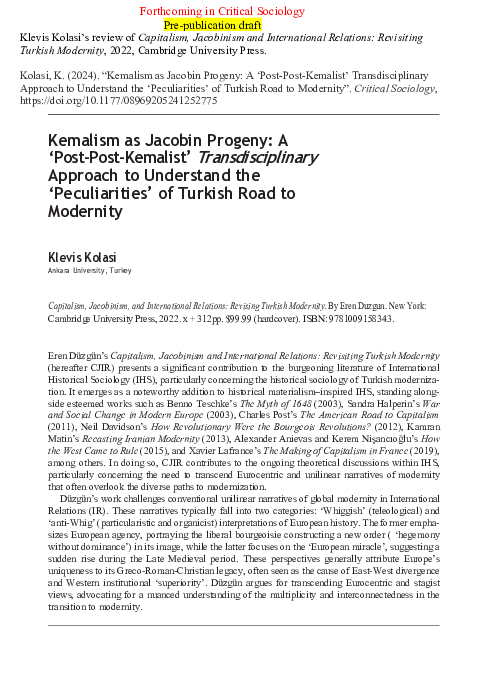 First page of “Kemalism as Jacobin Progeny: A 'Post-Post-Kemalist' Transdisciplinary Approach to Understand the 'Peculiarities' of Turkish Road to Modernity”