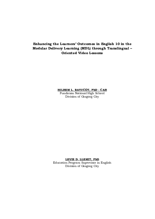 First page of “Enhancing the Learners' Outcomes in English 10 in the Modular Delivery Learning (MDL) through Translingual -Oriented Video Lessons”