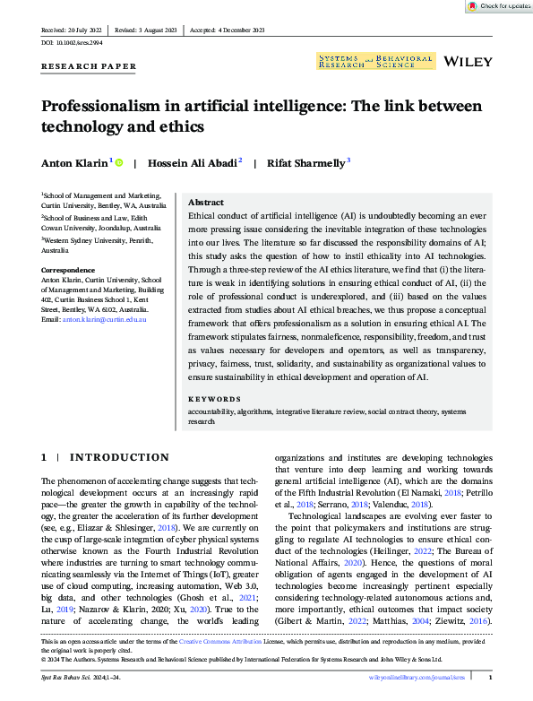 First page of “Professionalism in artificial intelligence: The link between technology and ethics”