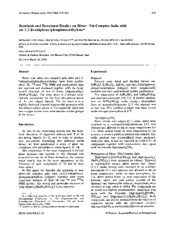 First page of “Synthesis and structural studies on silvertin complex salts with cis-1,2-bis(diphenylphosphino)ethylene”