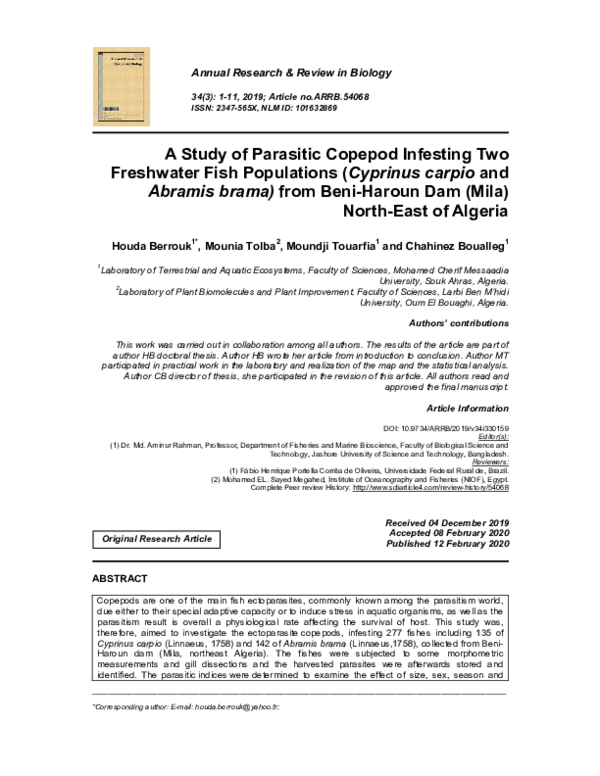 First page of “A Study of Parasitic Copepod Infesting Two Freshwater Fish Populations (Cyprinus carpio and Abramis brama) from Beni-Haroun Dam (Mila) North-East of Algeria”