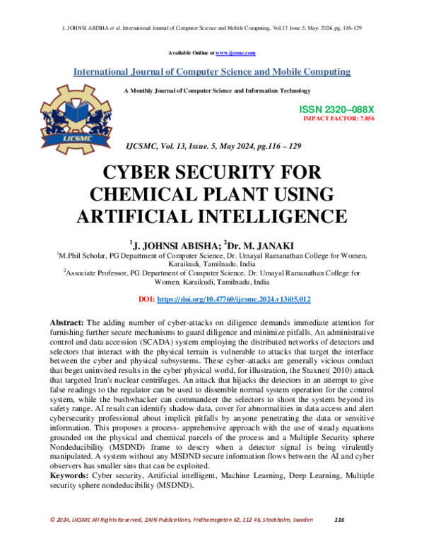 First page of “CYBER SECURITY FOR CHEMICAL PLANT USING ARTIFICIAL INTELLIGENCE”