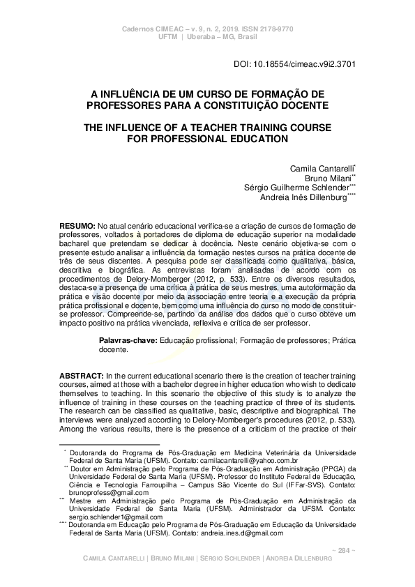 First page of “A influência de um curso de formação de professores para a constituição docente / The influence of a teacher training course”