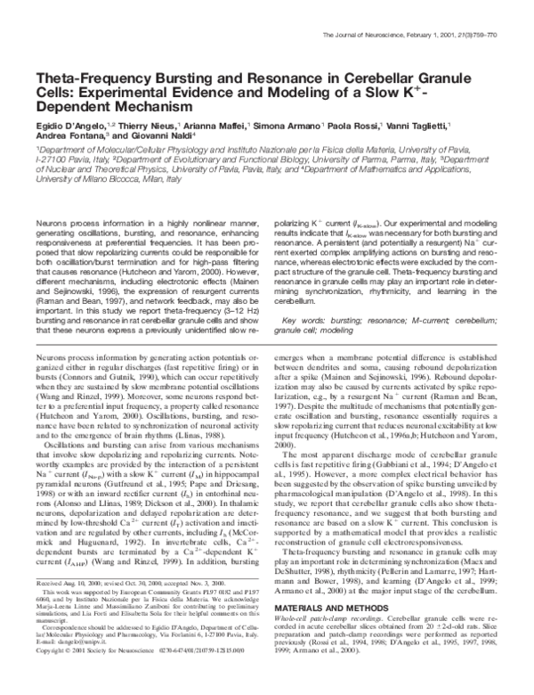 First page of “Theta-Frequency Bursting and Resonance in Cerebellar Granule Cells: Experimental Evidence and Modeling of a Slow K+-Dependent Mechanism”