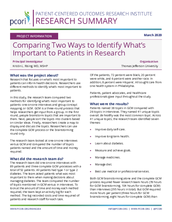 First page of “Comparing Two Ways to Identify What's Important to Patients in Research”