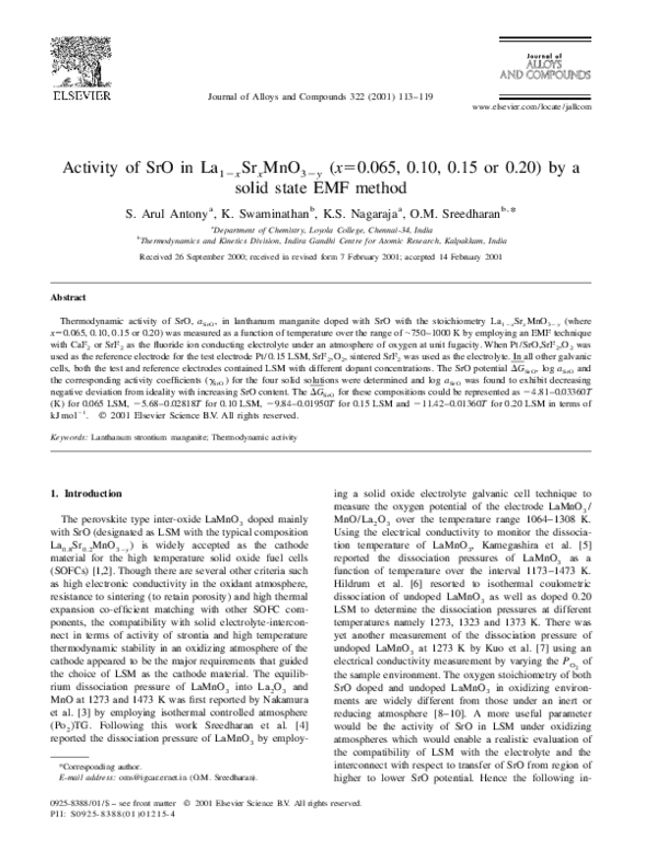 First page of “Activity of SrO in La1−xSrxMnO3−y (x=0.065, 0.10, 0.15 or 0.20) by a solid state EMF method”