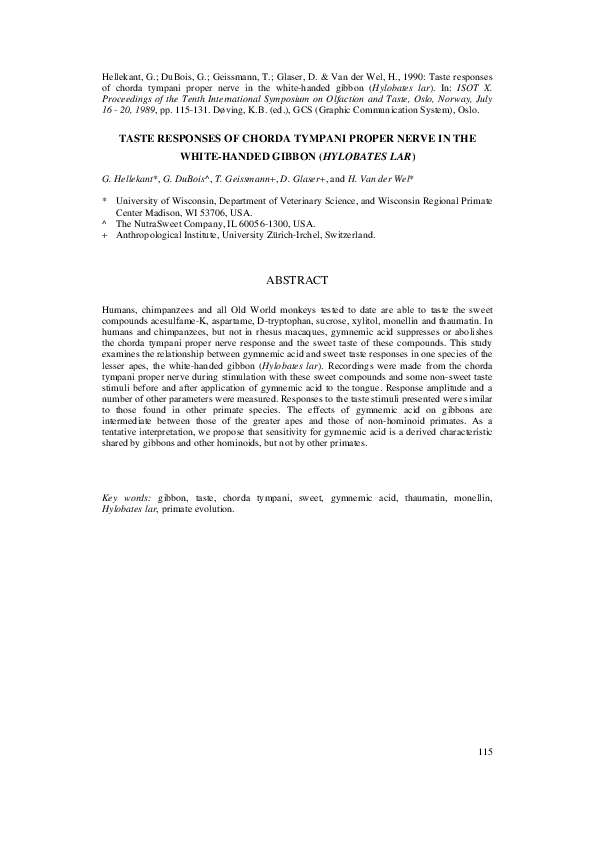 First page of “Taste Responses of Chorda Tympani Proper Nerve in the White-Handed Gibbon (Hylobates Lar)”