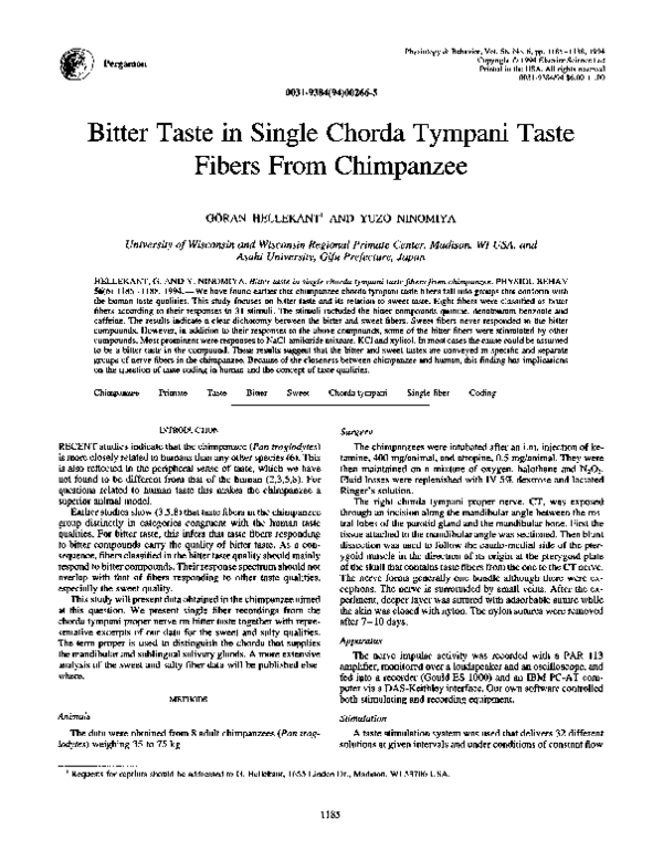 First page of “Bitter taste in single chorda tympani taste fibers from chimpanzee”