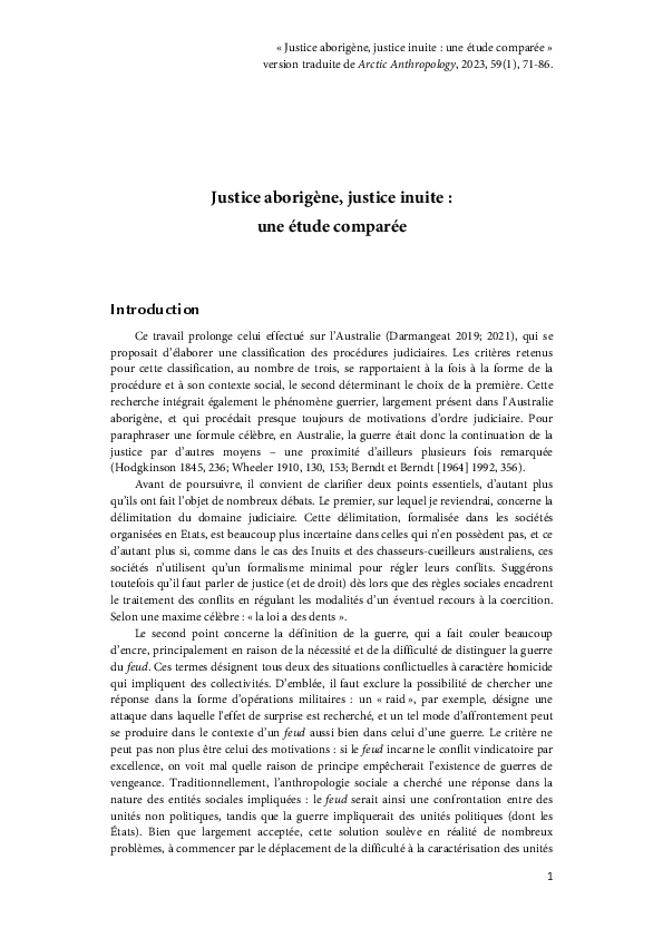 First page of “Justice aborigène et justice inuite (vf)”