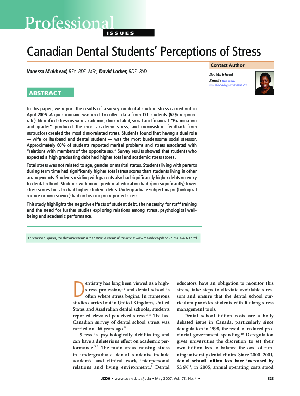 First page of “Canadian dental students' perceptions of stress”