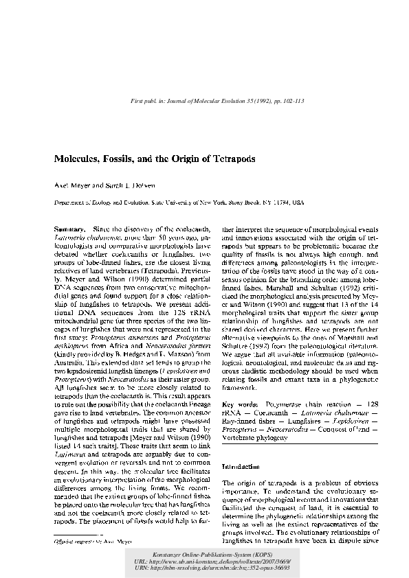 First page of “Molecules, fossils, and the origin of tetrapods”