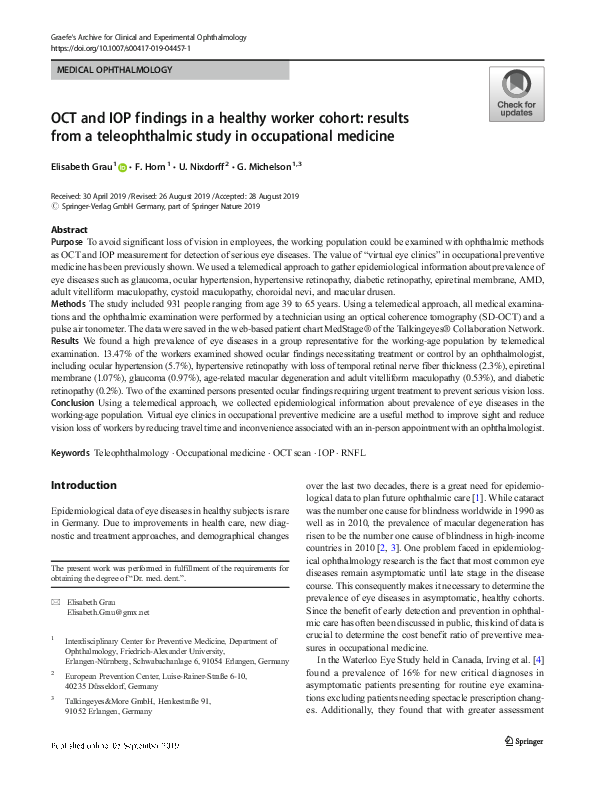 First page of “OCT and IOP findings in a healthy worker cohort: results from a teleophthalmic study in occupational medicine”