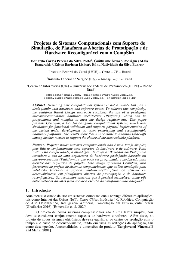 First page of “Projetos de Sistemas Computacionais com Suporte de Simulação, de Plataformas Abertas de Prototipação e de Hardware Reconfigurável com o CompSim”