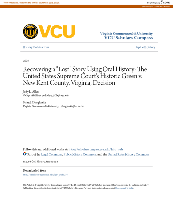 First page of “Recovering a "Lost" Story Using Oral History: The United States Supreme Court's Historic Green v. New Kent County, Virginia, Decision”