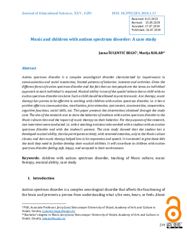 First page of “Music and children with autism spectrum disorder: A case study”