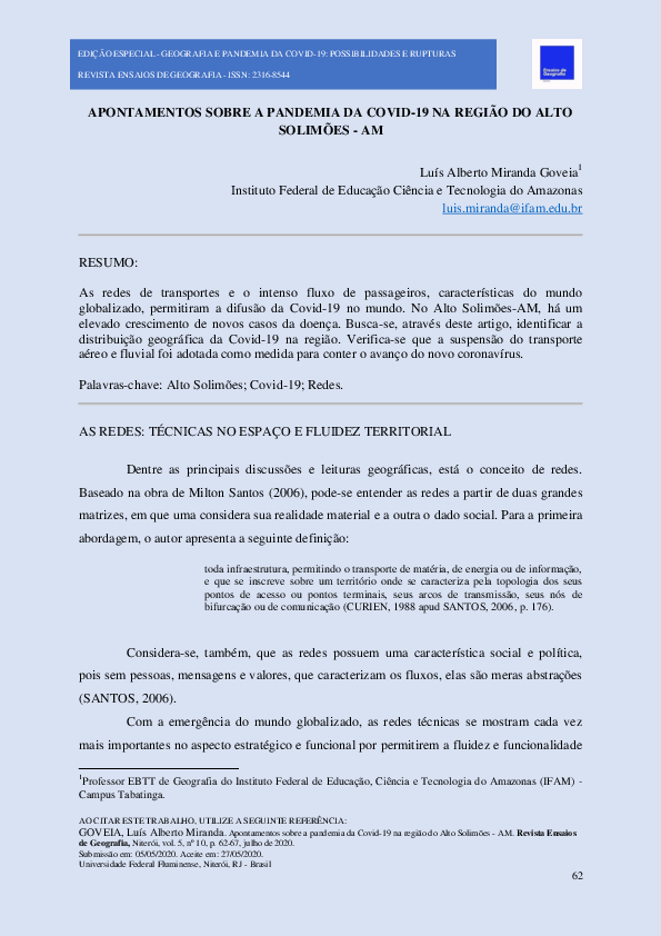 First page of “Apontamentos Sobre a Pandemia Da COVID-19 Na Região Do Alto Solimões - Am”