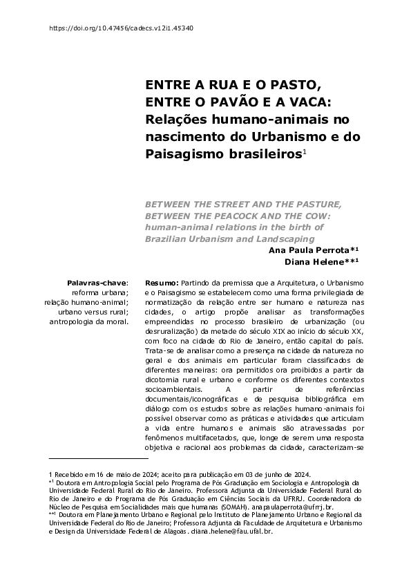 First page of “ENTRE A RUA E O PASTO, ENTRE O PAVÃO E A VACA: Relações humano-animais no nascimento do Urbanismo e do Paisagismo brasileiros 1”