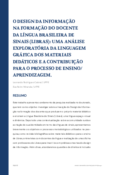 First page of “O Design da Informação na Formação do Docente da Língua Brasileira de Sinais (Libras): Uma Análise Exploratória da Linguagem Gráfica dos Materiais Didáticos e a Contribuição para o Processo de Ensino/Aprendizagem”