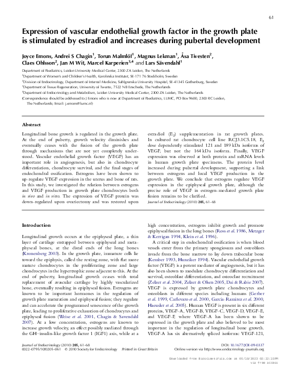 First page of “Expression of vascular endothelial growth factor in the growth plate is stimulated by estradiol and increases during pubertal development”