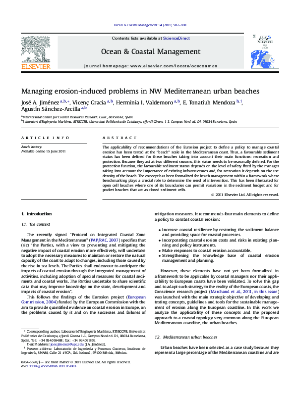 First page of “Managing erosion-induced problems in NW Mediterranean urban beaches”