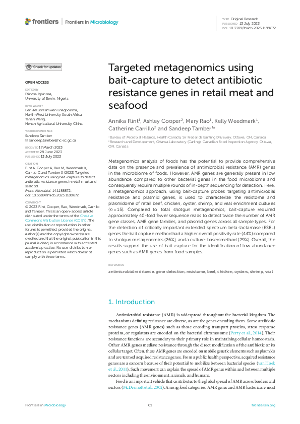 First page of “Targeted metagenomics using bait-capture to detect antibiotic resistance genes in retail meat and seafood”