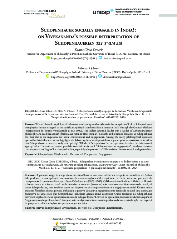 First page of “Schopenhauer socially engaged in India?: on Vivekananda’s possible interpretation of Schopenhauerian tat tvam asi”