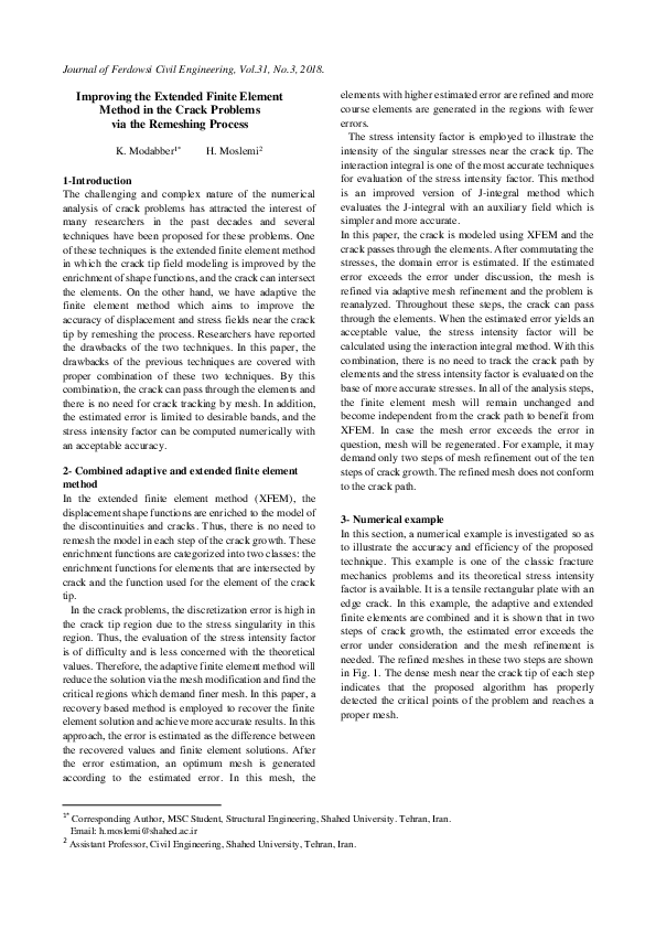 First page of “Improving the Extended Finite Element Method in the Crack Problems via the Remeshing Process”