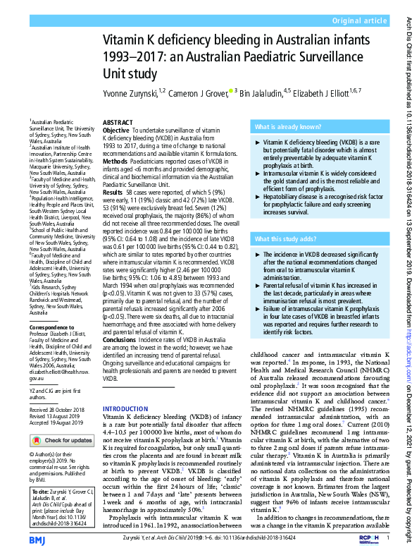 First page of “Vitamin K deficiency bleeding in Australian infants 1993–2017: an Australian Paediatric Surveillance Unit study”