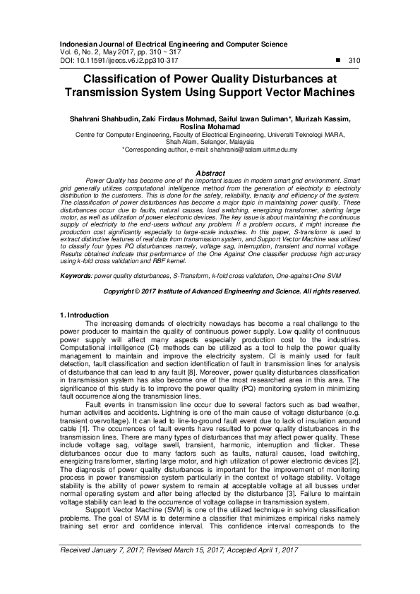 First page of “Classification of Power Quality Disturbances at Transmission System using Support Vector Machines”