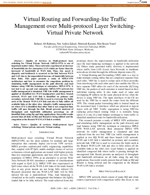 First page of “Virtual Routing and Forwarding-lite Traffic Management over Multi-protocol Layer Switching-Virtual Private Network”