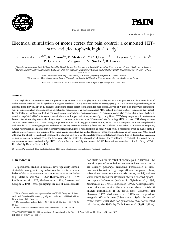 First page of “Electrical stimulation of motor cortex for pain control: a combined PET-scan and electrophysiological study”