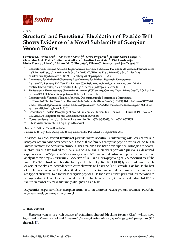 First page of “Structural and Functional Elucidation of Peptide Ts11 Shows Evidence of a Novel Subfamily of Scorpion Venom Toxins”