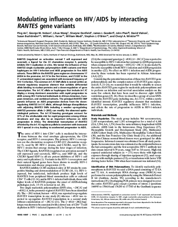 First page of “Modulating influence on HIV/AIDS by interactingRANTESgene variants”