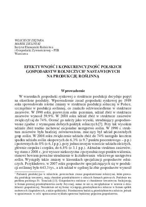 First page of “Efektywność i konkurencyjność polskich gospodarstw rolniczych nastawionych na produkcję roślinną”