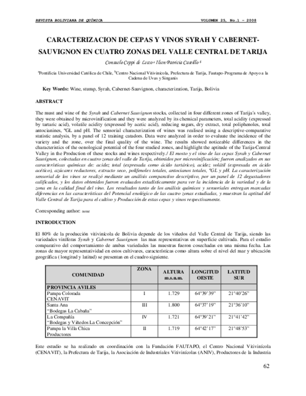 First page of “Caracterizacion De Cepas y Vinos Syrah y Cabernet Sauvignon en Cuatro Zonas Del Valle Central De Tarija”