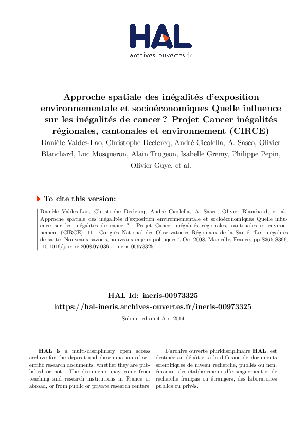 First page of “Approche spatiale des inégalités d’exposition environnementale et socioéconomiques. Quelle influence sur les inégalités de cancer ? Projet cancer inégalités régionales, cantonales et environnement (CIRCE)”