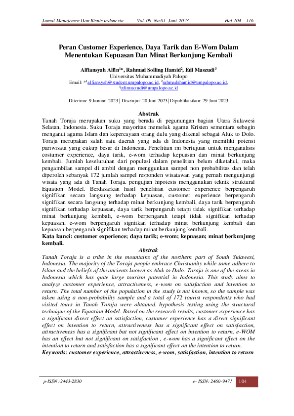 First page of “Peran Customer Experience, Daya Tarik dan E-Wom Dalam Menentukan Kepuasan Dan Minat Berkunjung Kembali”