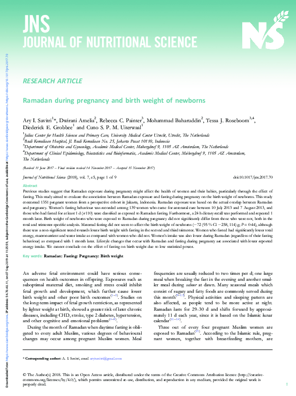 First page of “Ramadan during pregnancy and birth weight of newborns”