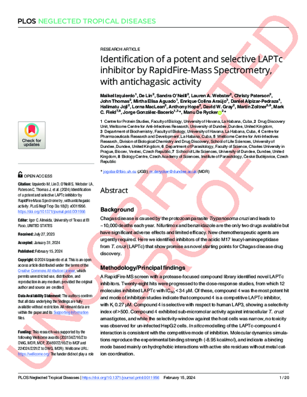 First page of “Identification of a potent and selective LAPTc inhibitor by RapidFire-Mass Spectrometry, with antichagasic activity”